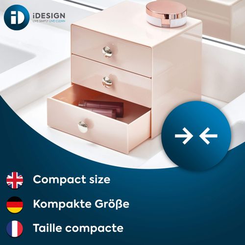 iDesign 35314EU Makeup Organiser with Three Drawers, Sturdy Plastic Storage Box for Makeup, Accessories, Jewelry and More, Compact Dressing Table Organiser, Pink
