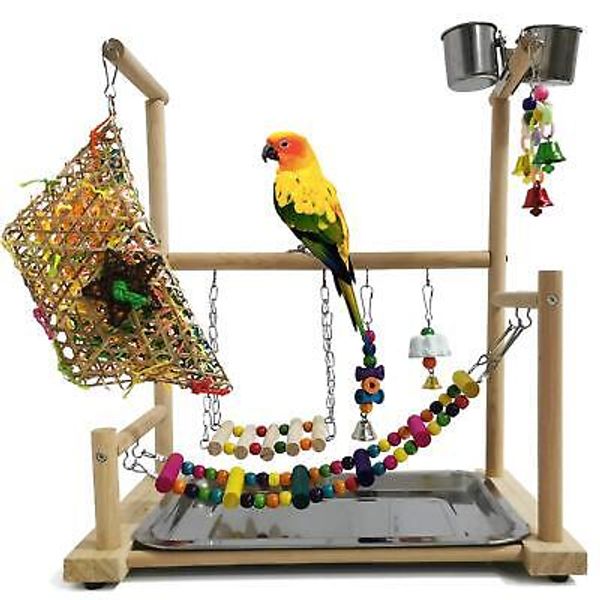 Parrot Playstand Bird Playground Conures Play Stand Wood Perch Gym Playpen La...