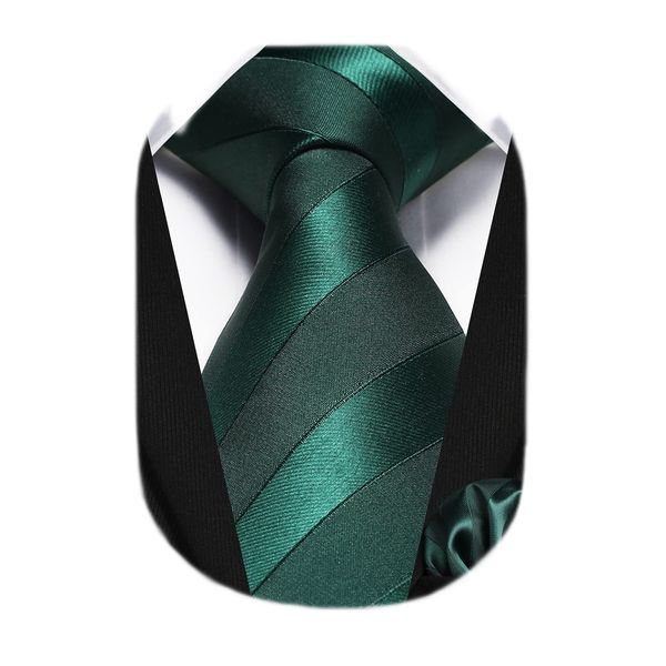 HISDERN Ties for Men Green Tie Handkerchief Set Dark Green Striped Formal Woven Emerald Pocket Square Wedding College Striped Necktie Christmas