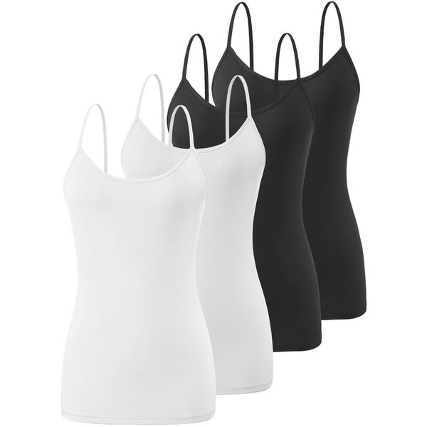 Air Curvey 4 Piece Camisole for Women Basic Cami Undershirt Adjustable Spaghetti Strap Tank Top Black Black White White M