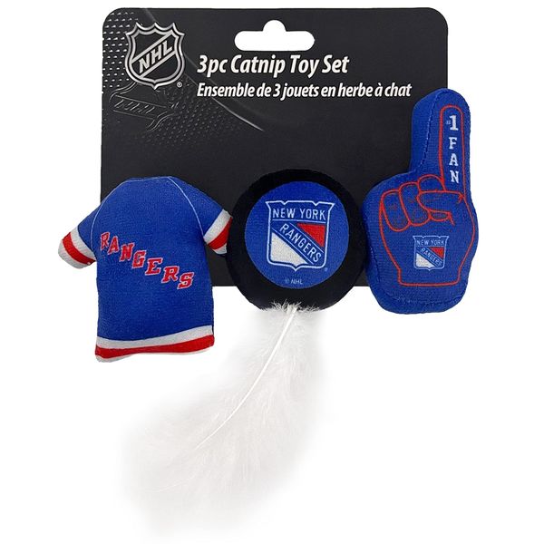 BEST PLUSH CAT TOY: NHL NEW YORK RANGERS Complete Set of 3 piece Cat Toys filled with Fresh Catnip. Incl: 1 Jersey Cat Toy, 1 Hockey Puck Cat Toy with Feathers & 1 #1 Fan Cat Toy. All with Team LOGOS