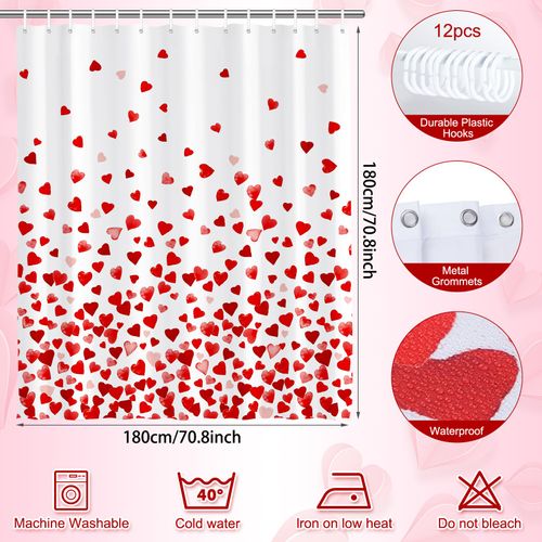 YIDAKO 71 x 71 Inches Valentines Shower Curtain Bottom with Pink and Red Love Heart Romantic Bathroom Curtain Waterproof Polyester Curtain Hooks Set for Valentine's Bathroom Decorations