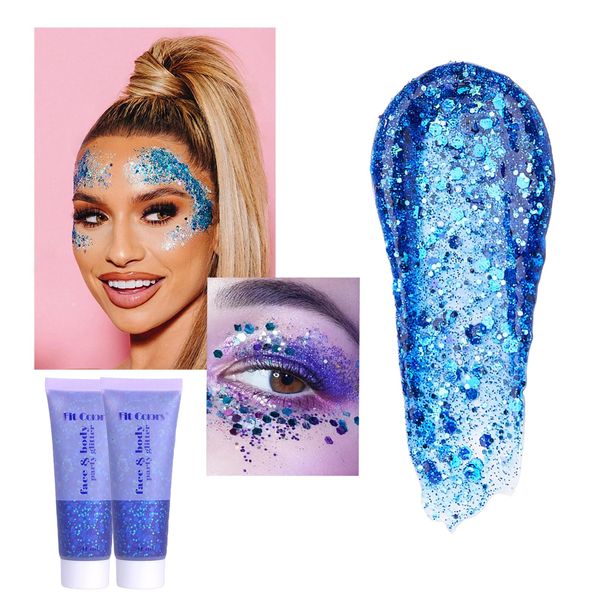 2Pcs Blue Face Body Glitter Gel Chunky Glitter,Glue Free Long Lasting,Cosmetic Face Glitter for Hair Face Nail,Temporary Tattoo for Party Concert Festival,Mermaid Holographic Sequins Body Glitter