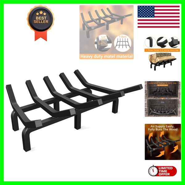 17" Heavy-Duty Fireplace Grate & Log Holder, Wrought Iron for Indoor/Outdoor Pit