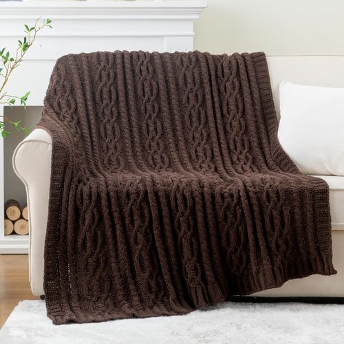Battilo Dark Brown Throw Blanket for Couch, 51"x67" Soft Chenille Knit Throw Blanket for Home Decor, Soft Cozy Blanket, Decorative Chocolate Brown Blanket for Bed, Living Room