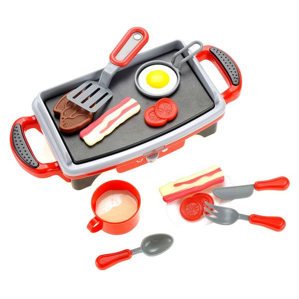 PowerTRC Breakfast Kids Toy Grill Playset for Ages 4-8, Cooking Toys Play Grill Set for Kids, Pretend BBQ Grill with Realistic Sounds Foods Utensils