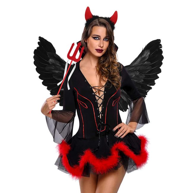 Red Sexy Devil Wings and Horn Set Halloween Ladies Costume