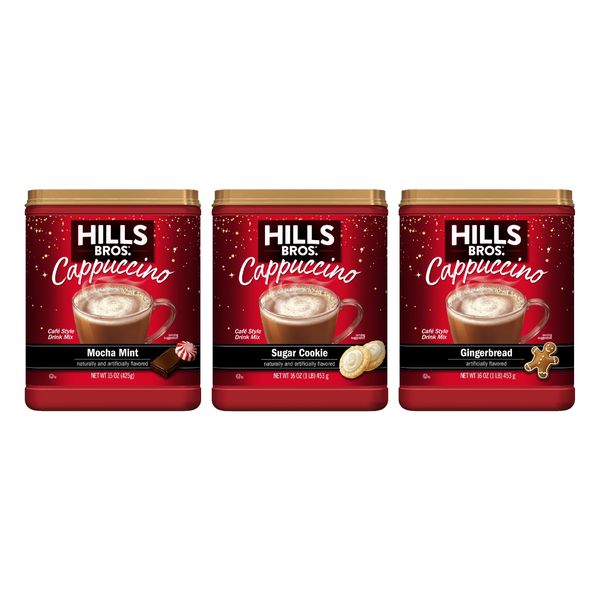 Hills Bros Instant Cappuccino Mix, Limited Edition Winter 3 Pack, Mocha Mint, Sugar Cookie, & Gingerbread, 16 Oz, 3 Count