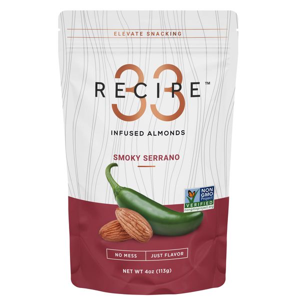 RECIPE 33 Smoky Serrano Infused Almonds, Gourmet Vegan, High Protein Healthy Snack, Keto Friendly, Paleo Friendly, Whole30, Gluten-Free, Grain-Free, Non-GMO, Kosher, Low Carb (4oz Pack)