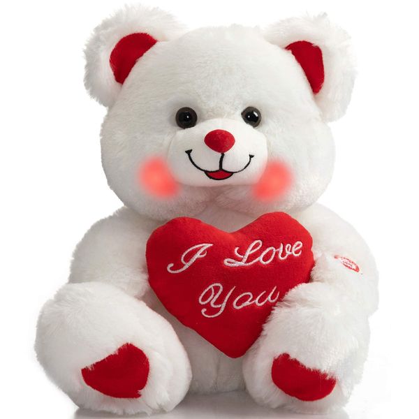 BEJOY Teddy Bear with Heart Plush Bear That Says I Love You and Blushes LED Stuffed Toys for Girlfriend and Kids Valentine's Day 13 inch White