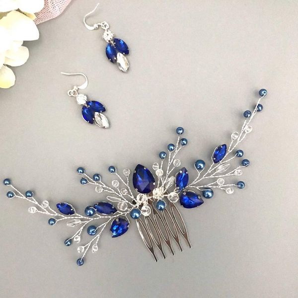 BERYUAN Women Royal Sapphire Crystal Blue Pearl Earring Hair Vine Set Silver Wedding Hair Accessory Hair Comb Piece Gift for Her Party Headpiece for Bride Bridesmaid Girls(Silver) (Blue)