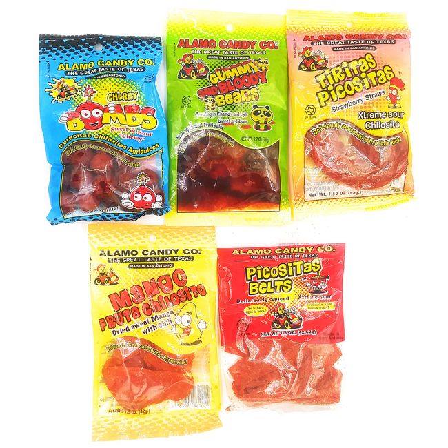 Alamo Candy Company Variety Candy Pack - 5 Bags Of Mexican Candy - Gummy Bears In Chamoy and Chili, Mango With Chili, Sour Strawberry Straws, Sour Chewy Chili Belts, and Cherry Bombs - Texas Made