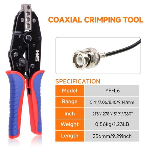 HKS Coaxial Crimping Tool for RG Type Cable -RG5,6,55U,71,142,302,307,400 BNC 3D-2V,4.5C-2V,5C-2V, LMR195,200,300 Connectors (CRIPMER L6)