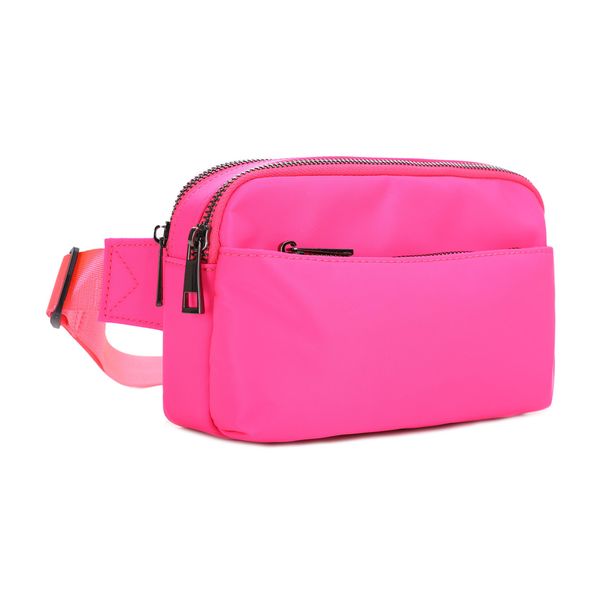 Jessie & James Crossbody Nylon Waist Pack with Adjustable Buckle Strap Fashion Multi Pocket Belt Bag| Neon Pink