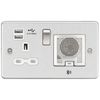 Flat Plate 13A Socket, USB Chargers (2.4A) and Bluetooth Speaker - Brushed Chrome with White Insert