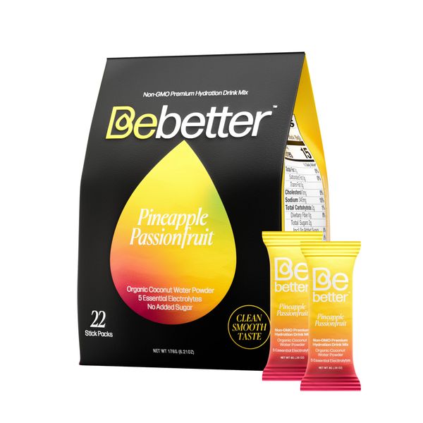 BeBetter Organic Electrolytes Powder Packets | Daily Electrolyte Drink Mix | Organic Coconut Water | No Artificial Flavors | Sugar Free Hydration Packets | non-GMO 22 Sticks (Pineapple & Passionfruit)
