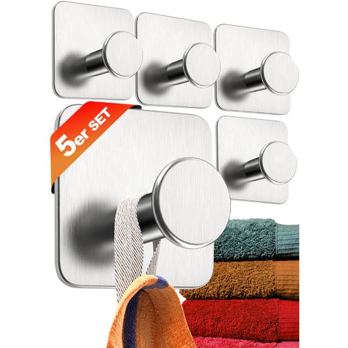 4smile Towel Rail No Drilling Required, Silver, Pack of 5 Bathroom Towel Rails, Adhesive Hooks Made of Stainless Steel, Modern Hooks for Bathroom, Toilet, Kitchen - Waterproof Hooks Self-Adhesive