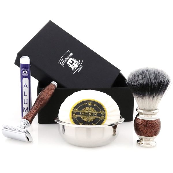 Haryali London Shaving Kit – 5 Pc Shaving Kit – Double Edge Safety Razor - Synthetic Hair Shaving Brush – Shaving Soap – Shaving Bowl – Alum – Antique Maroon Color Shaving Set as Gift