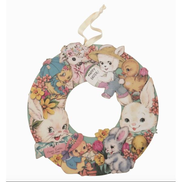 Primitives by Kathy Easter Wreath Wood Decorative Easter Bunny Chick Lamb Duck