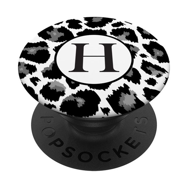 Monogram Letter H Initial Black Grey Leopard Print PopSockets Swappable PopGrip