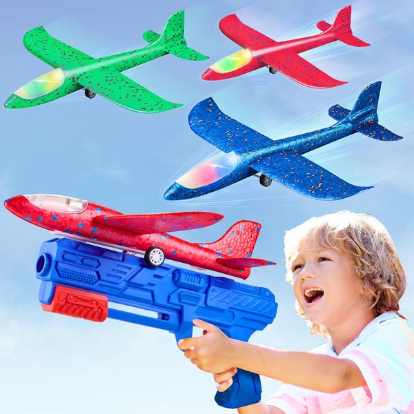 Neoot Toy Airplane, 3 Pack Airplane Launcher Toys 2 Flight Mode Glider Plane Outdoor Toys for Kids Ages 3 4 5 6 7 8 9 10 11 12 Year Old Boys & Girls Birthday Gift, Educational Flying Kids Toys