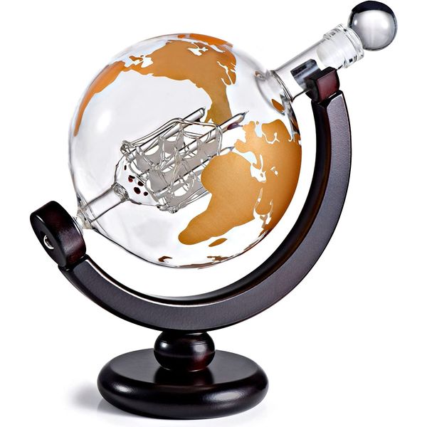 MEETOZ Whiskey & Wine Decanter Globe World Set- Gold Whiskey Dispenser Airtight Stopper for Wine, Bourbon, Brandy, Juice, Water - Decanter Sets for Men Christmas Gifts - 850ml