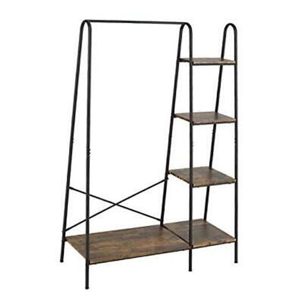 Metal Clothes Garment Rack with 4-Tier Wood Storage Shelves Heavy Duty Accent