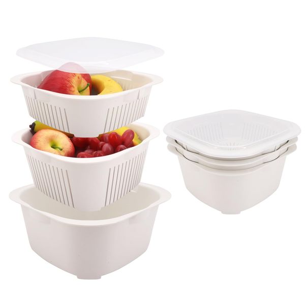 MoYouno 3 Pack Vegetable Washing Basket, 3-Tier Drain Colander Bowl Set with Lid, Portable Food Strainer,Dishwasher & Microwave Safe,Drain Bowls for Washing and Draining Fruit, Vegetables (white)