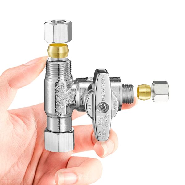 Tee Stop Valve Add-A-Tee Valve 3/8 Compression Faucet T Adapter for Dishwasher Glass Rinser Washing Machine(3/8x3/8x3/8)