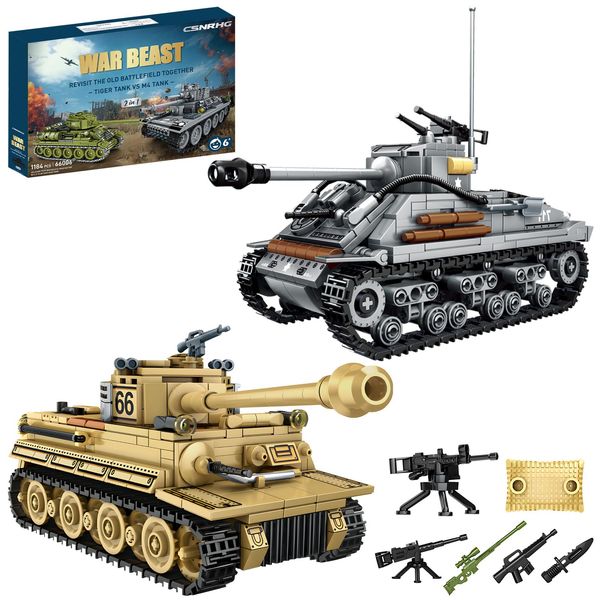 WW2 2 in 1 Army Tank Building Blocks Kit Create an American M4 Sherman & a German Tiger Tank Military Toy Sets Birthday for Age 6+ Children Teens Adults 1184 Pieces