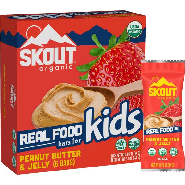 Skout Organic Peanut Butter & Jelly Real Food Bars for Kids (6 Pack) | Organic Snacks for Kids | Plant-Based Nutrition, No Refined Sugar | Vegan | Gluten, Dairy, Grain & Soy Free