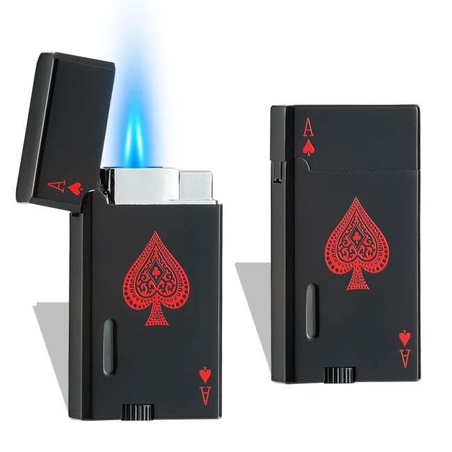 CFTGET 2 Pack Classic Butane Lighter, Pocket Ace Lighter with Visible Window, Refillable and Adjustable Double Flame Card Lighter, Great Gift for Men and Women, Without Butane(Black)