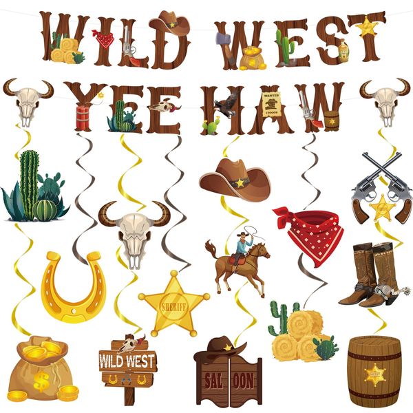 Hokinaa Western Cowboy Party Decorations - 18 Pcs Rodeo West Banners Foil Wild West Hanging Swirls Yee Haw Garland Banner Ceiling Streamers Photography Backdrop for Boys Happy Birthday Decor Supplies