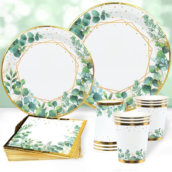 Sage Green Paper Plates Napkins Cups Set, 96Pcs Green Gold Party Tableware, Disposable Plates Baby Shower Plates Cups and Napkins for Birthday Party Supplies,Baby Shower,Jungle Safari Party Decoration