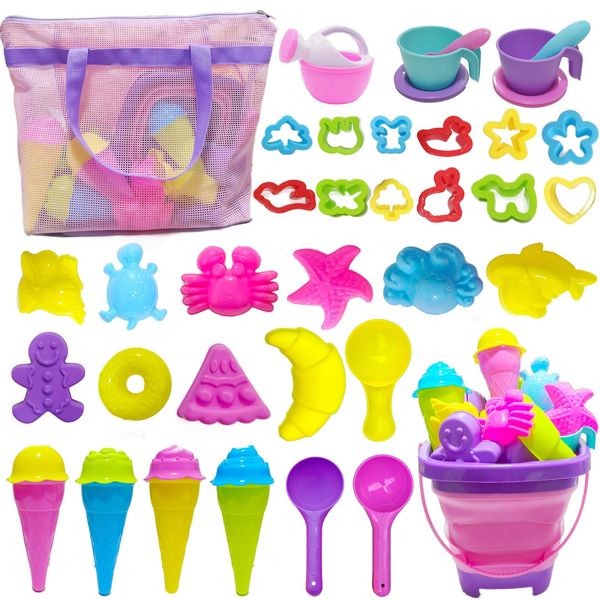 Beach Toys, 38Pcs Ice Cream Beach Sand Toys Set for Kids 3 4 5 6 7 8, Sandbox Toys Set with Collapsible Sand Bucket, Mesh Bag, Shovels, Ice Cream, Watering Can and Molds for Boys Girls Travel Outdoor