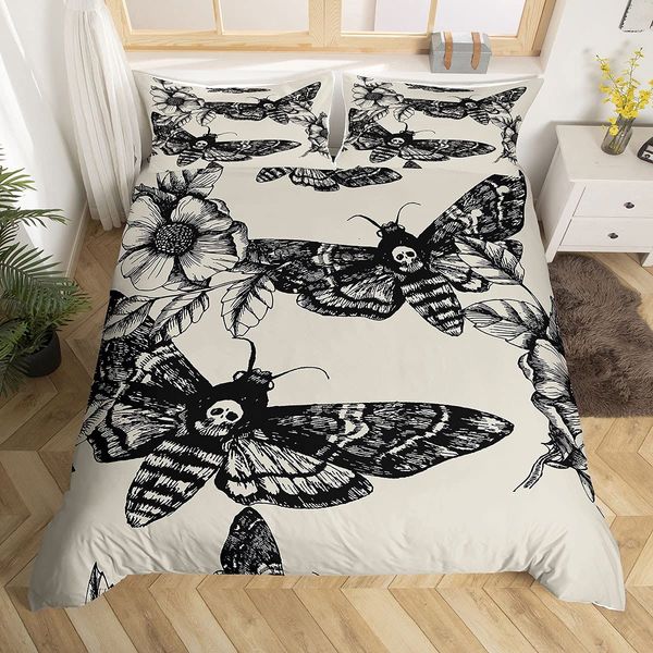 Skull Comforter Cover Set Twin Size Moth Printed Gothic Style Duvet Cover For Teen Boys Kids Sugar Skull Pattern Botanical Floral Decor Gray White Black Soft Microfiber Bedding Set With Zipper Ties