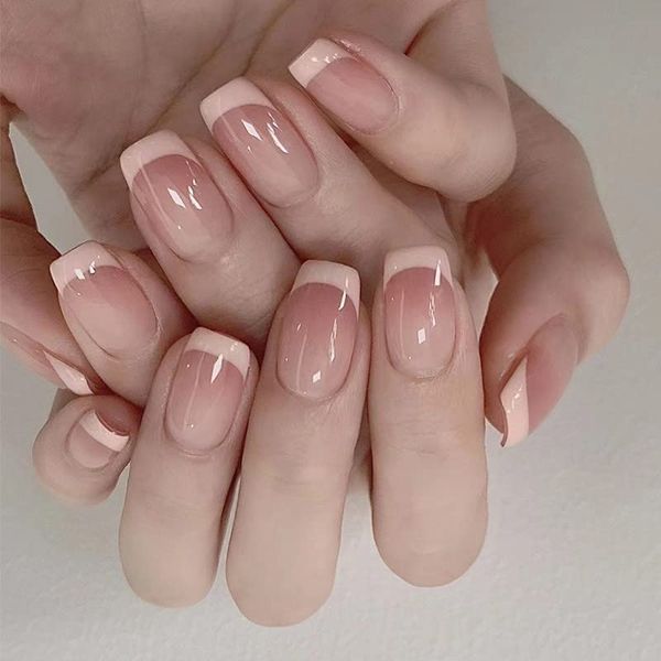 AAGWW Nail Tips, Berry Short, False Nails, Long, Coming-of-Age Ceremony, Mat, False Nails, Cute, Beautiful Shell Supplies, Workshop (Color: French Peach #2, Product Contents: 24 Nail Art + Glue)