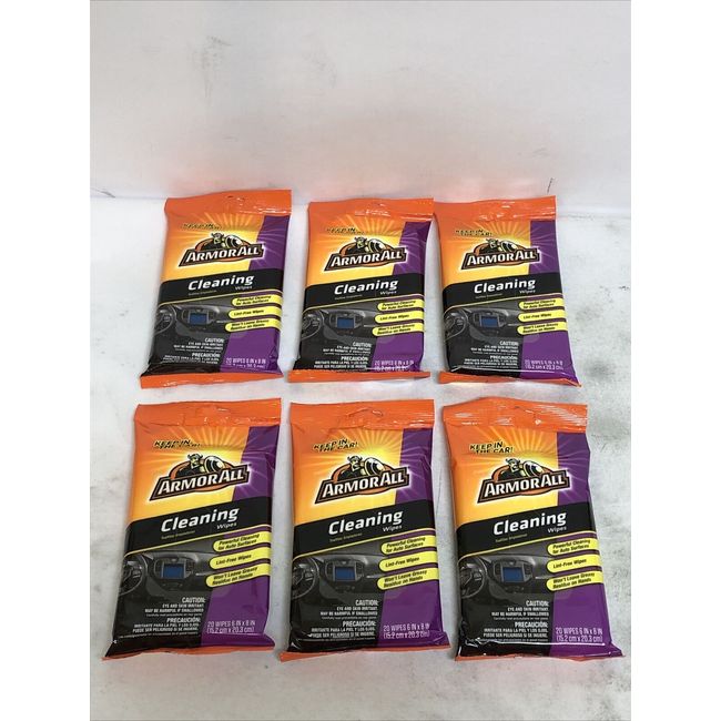 Lot Of (6) Bags Armor All 18242 Cleaning Wipes, 20 count each