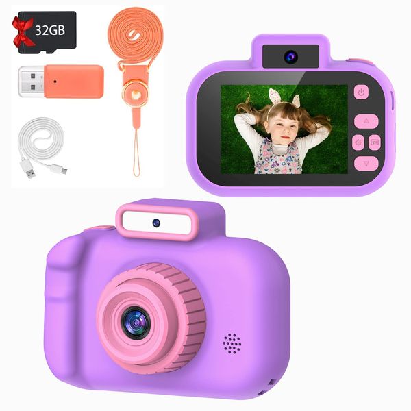 Upgrade Kids Camera, Birthday Gifts for Boys and Girls 3 4 5 6 7 8 9 Year Old, Full HD Video Digital Camera for Kids Toddler Teens, Children Portable Toys Camera with 32GB SD Card -Purple