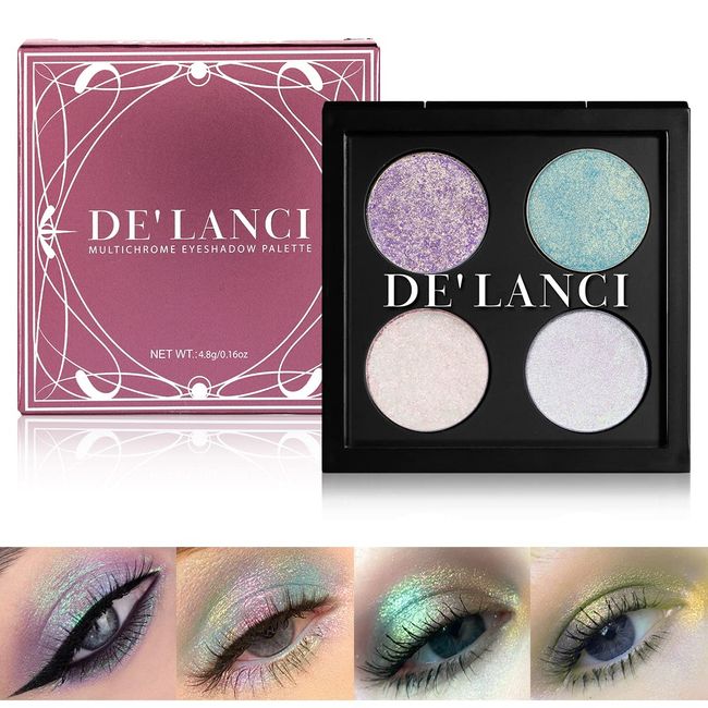 DE'LANCI Glitter Eyeshadow Makeup,Shimmer Multichrome Eyeshadow Palette,4 Colors Highlight Eye Shadow Platter,Easy to Apply Cream Eyeshadow Palette,Long Lasting Chameleon Duochrome Glitter Eyeshadow