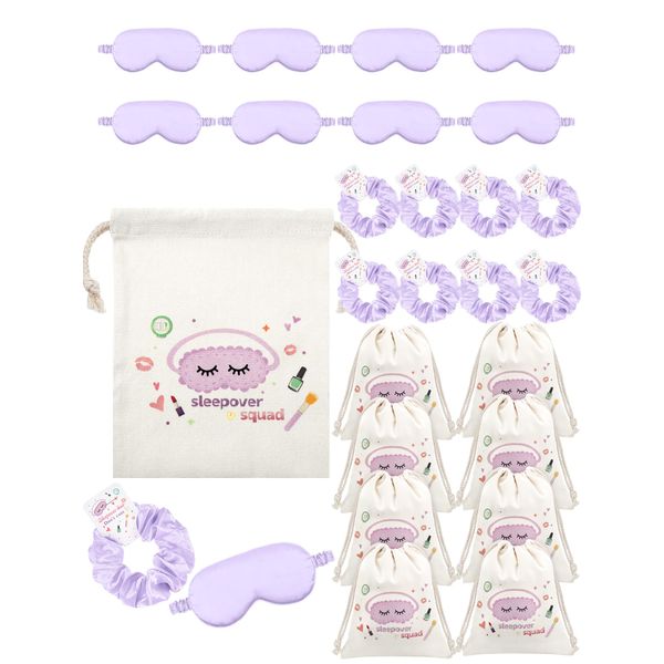 Bunnycool 24 Pcs Sleepover Party Supplies Birthday Party Favor with Satin Eye Mask Satin Hair Scrunchies(Purple)