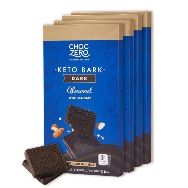 ChocZero Keto Bark, Dark Chocolate Almonds with Sea Salt, Sugar Free, Low Carb, No Sugar Alcohols, No Artificial Sweeteners, All Natural, Non-GMO, 3.2 Ounce (Pack of 4)