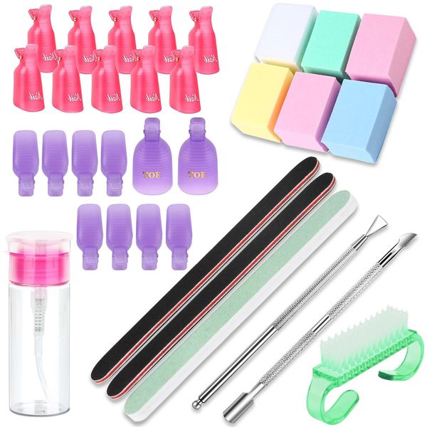 Gel Nail Polish Remover Kit, ZHOOGE Nail Clips For Polish Removal, Nail Remover Pads Cuticle Peeler Nail File Buffer Nail Brushes, Nail Brush, Cuticle Pusher