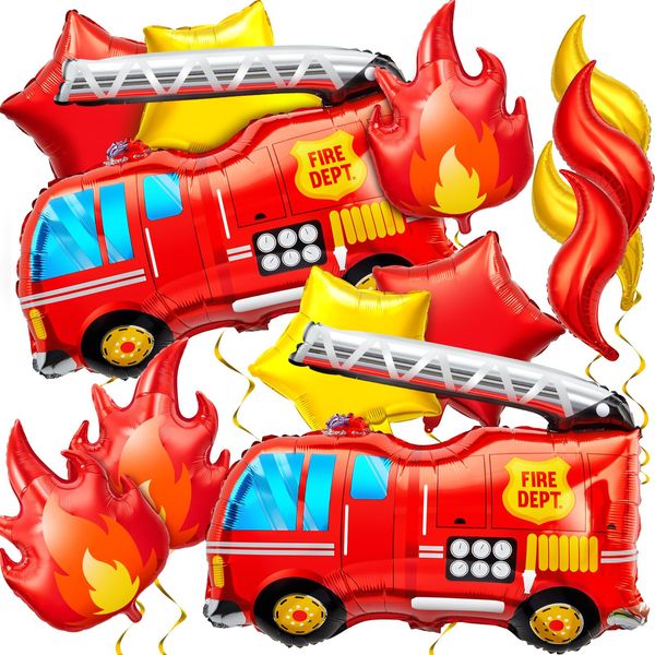 Glimin 18 Pcs Fire Truck Balloons Set 4 Aluminum Foil Flame Balloon, 2 Fire Truck Firefighter Balloon, 6 Fire Balloons, 6 Star Balloons for Rescue Themed Decoration Firefighter Birthday Party Supplies