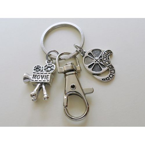 Movie Charm Keychain with Camera Charm, Film Reel Charm & Swivel Clasp; Director, Videographer, or Actor Keychain