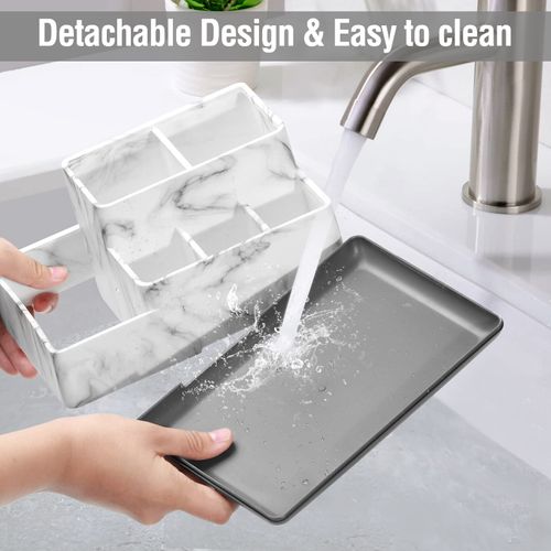Toothbrush Holders for Bathrooms, Plastic Bathroom Countertop Organizer Compartment, Vanity Organizer Tray,Countertop Organizer Box, Kids Desk Organizers and Storage,White Marble Pattern