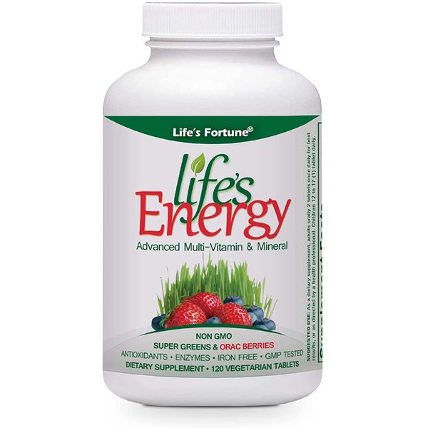 Life's Fortune Life's Energy Advanced Multi-Vitamin and Mineral Non-GMO - Super Greens - ORAC Berries - AntiOxidants - Enzymes - Iron Free - GMP Tested, 120 Veggi Tablets