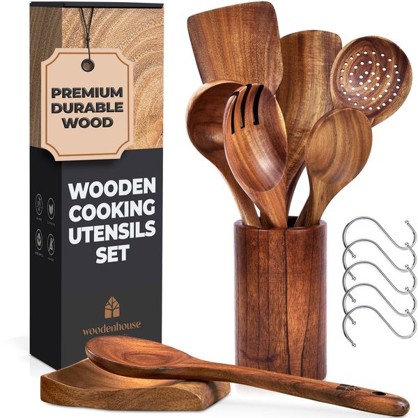 Wooden Spoons for Cooking – Wooden Utensils for Cooking Set with Holder, Spoon Rest & Hanging Hooks, Teak Wood Nonstick Kitchen Cookware – Durable Set of 8pcs by Woodenhouse