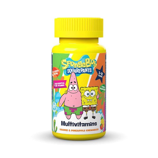 SpongeBob SquarePants Multivitamins, 60 Orange & Pineapple Chewables with added Probiotics and 12 Essential Vitamins, Vegan, No Added Sugar, for 3-12 Year Olds