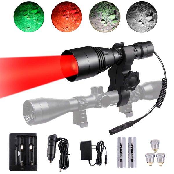 LUMENSHOOTER A8Plus Long Range Zoomable Hunting Flashlight Spotlight Kit, Green Red White Infrared 850nm IR Interchangeable LED Modules, Predator Night Light Torch for Coon Coyote Hog Fox Varmint